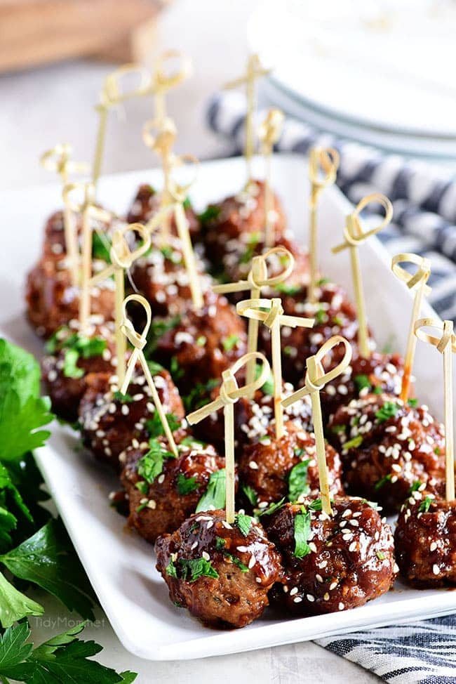 Sweet and Tangy Asian Meatballs appetizer on a tray