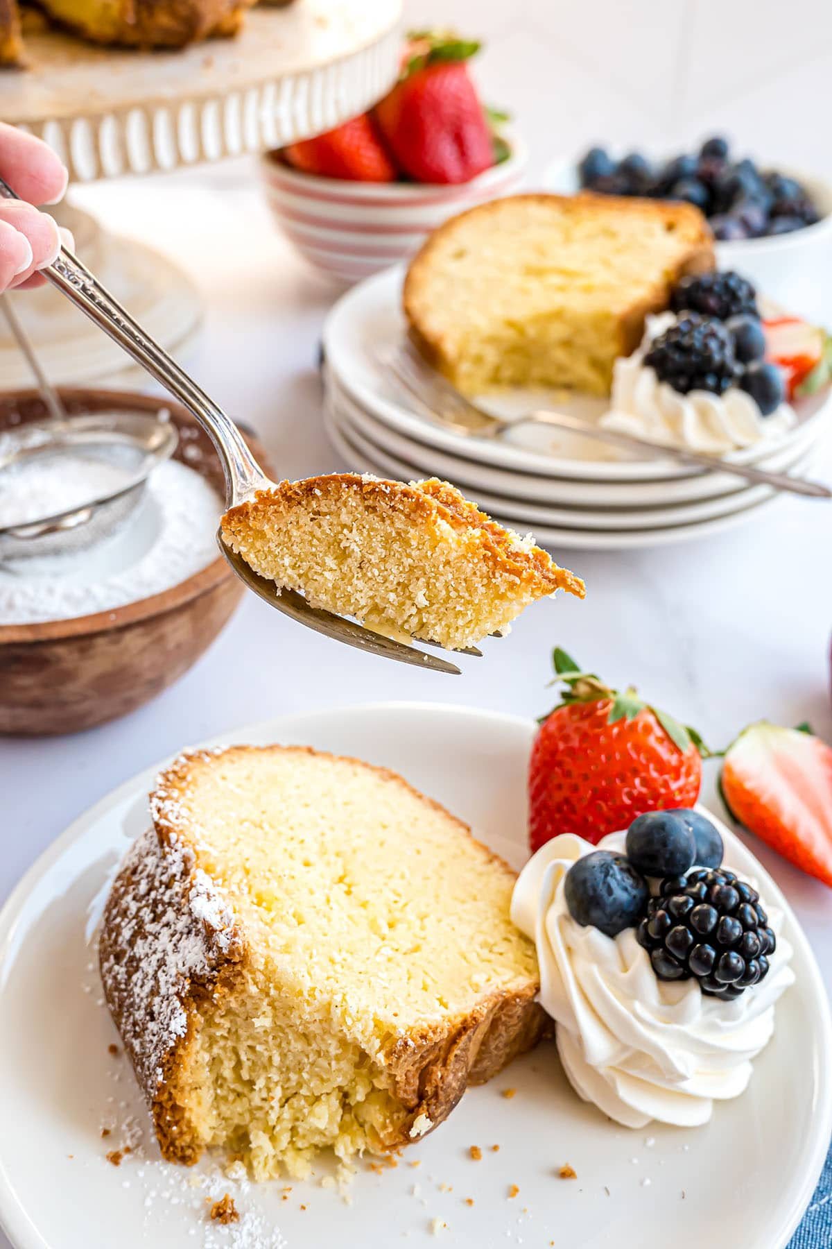 bite of pound cake on a fork