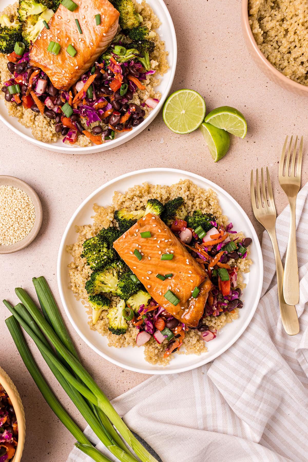 salmon bowl on white plates