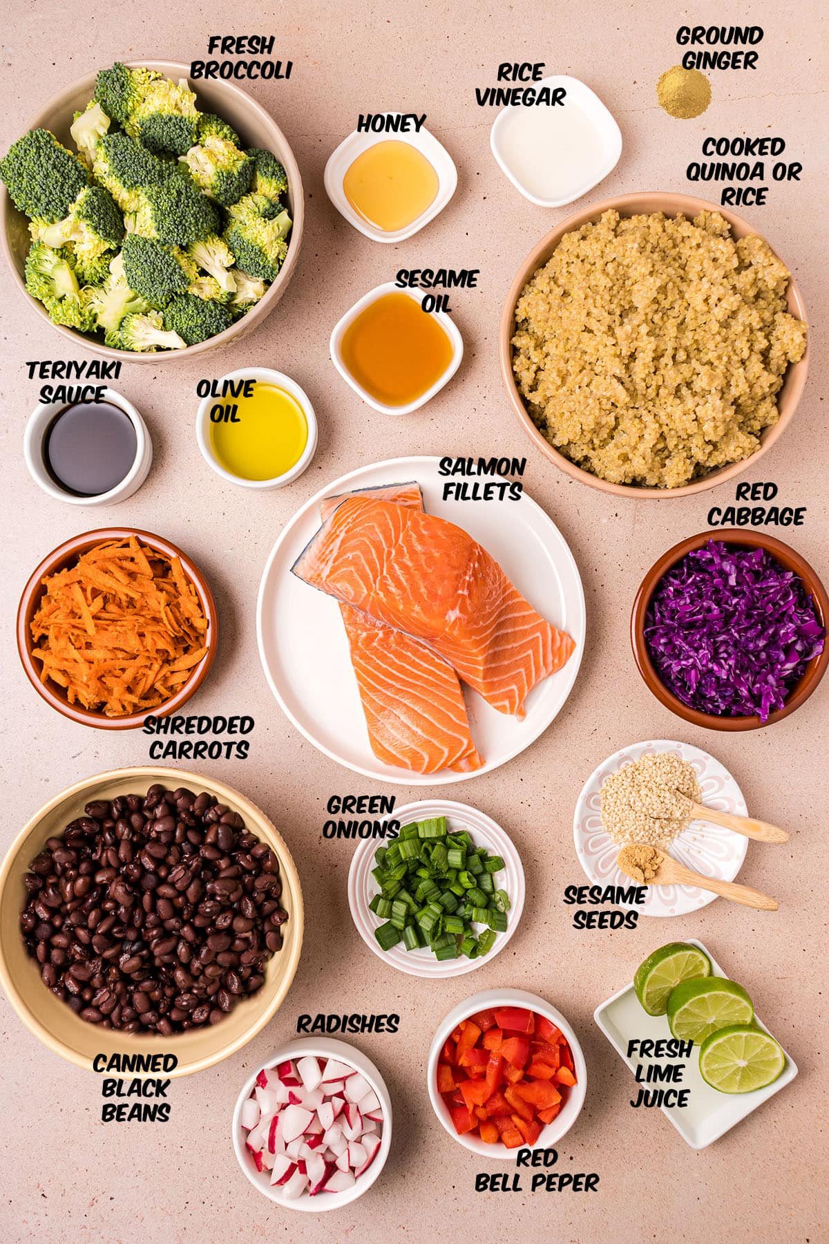 ingredients for teriyaki salmon bowl
