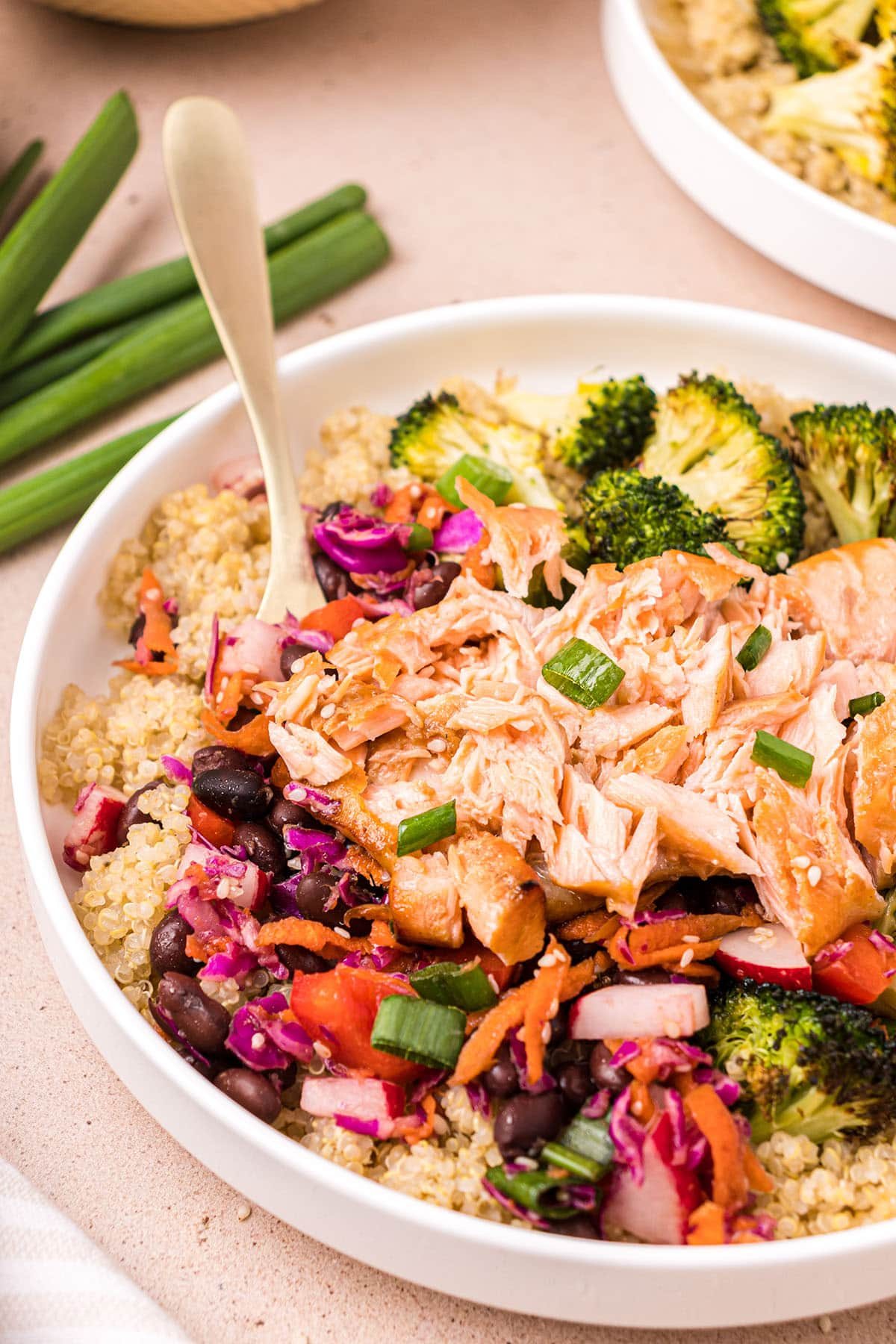 salmon over quinoa and slaw with black beans