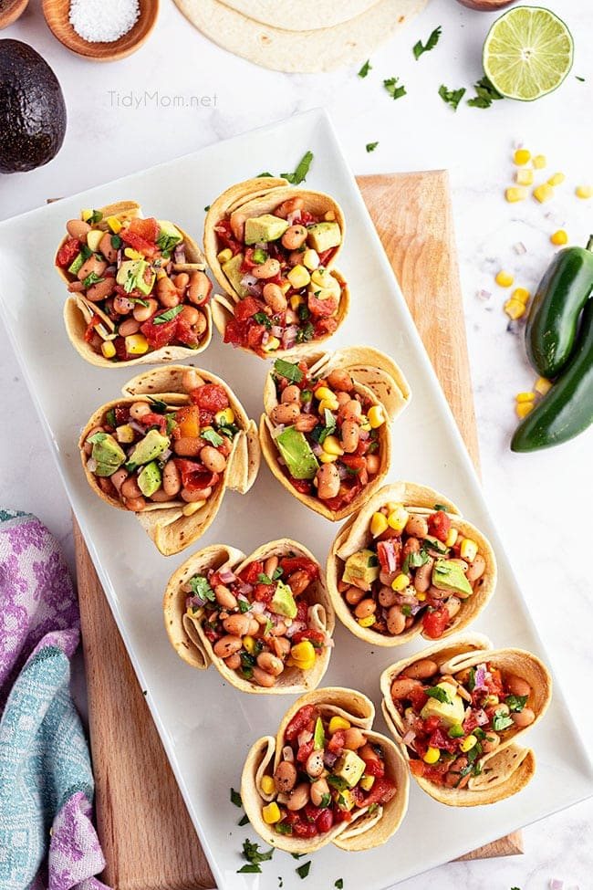 overhead shot of texas caviar cups on a plate