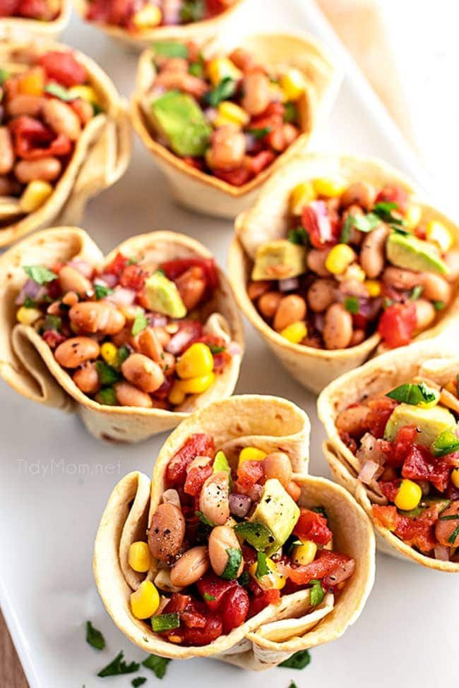 cowboy caviar in baked tortilla cups