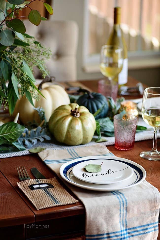 Friends Plate: Seasonal Simplicity Blue and Green Fall Tablescape. Simple and elegant fall table and fall centerpiece. Get all the details along with 20+ Fall Home Tours at cetcu.com
