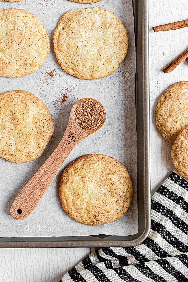 snickerdoodles on a cookie sheet with a spoon full of cinnamon laying next to them