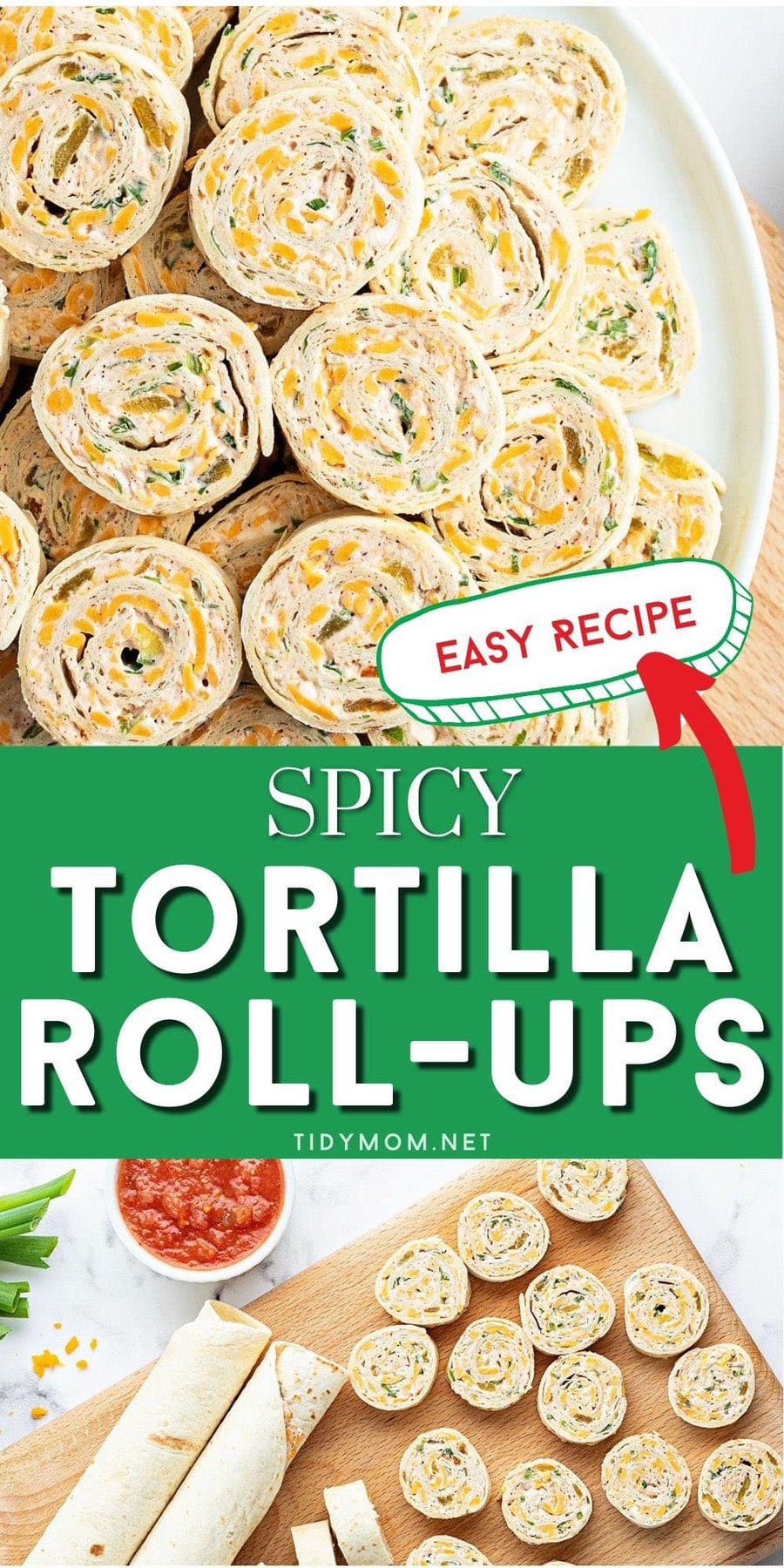 tortilla roll ups on a wood board and white plate