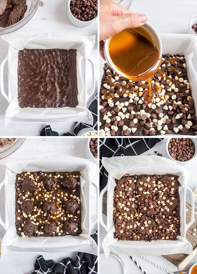 photo collage of how to chocolate caramel bars