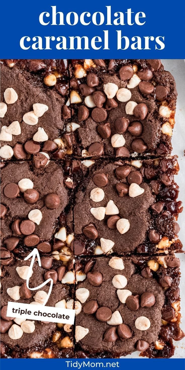 close up of chocolate caramel bars