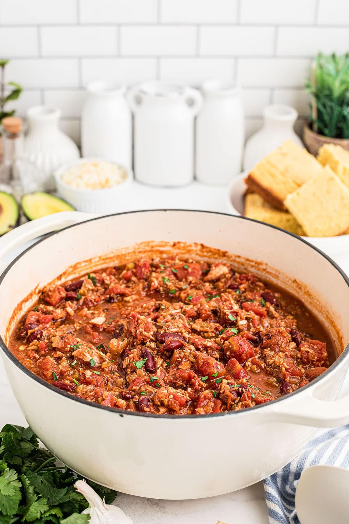 white pot of turkey chili