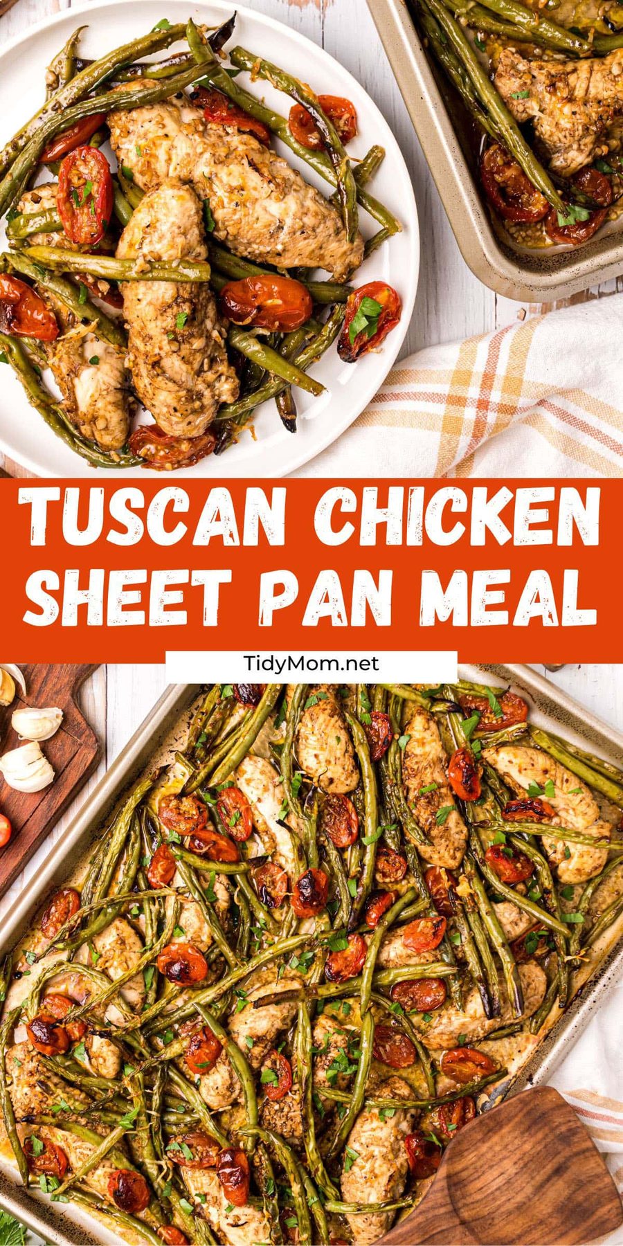 sheet pan meal on a baking sheet and served on a white plate