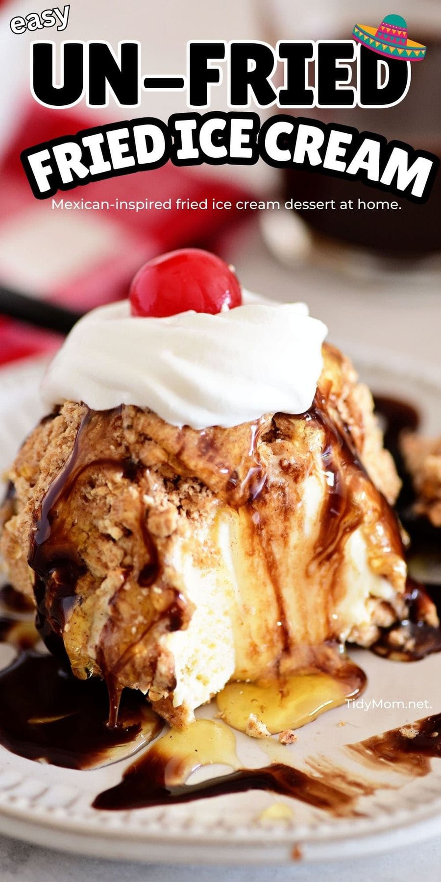 fried ice cream with cereal on a plate with chocolate syrup