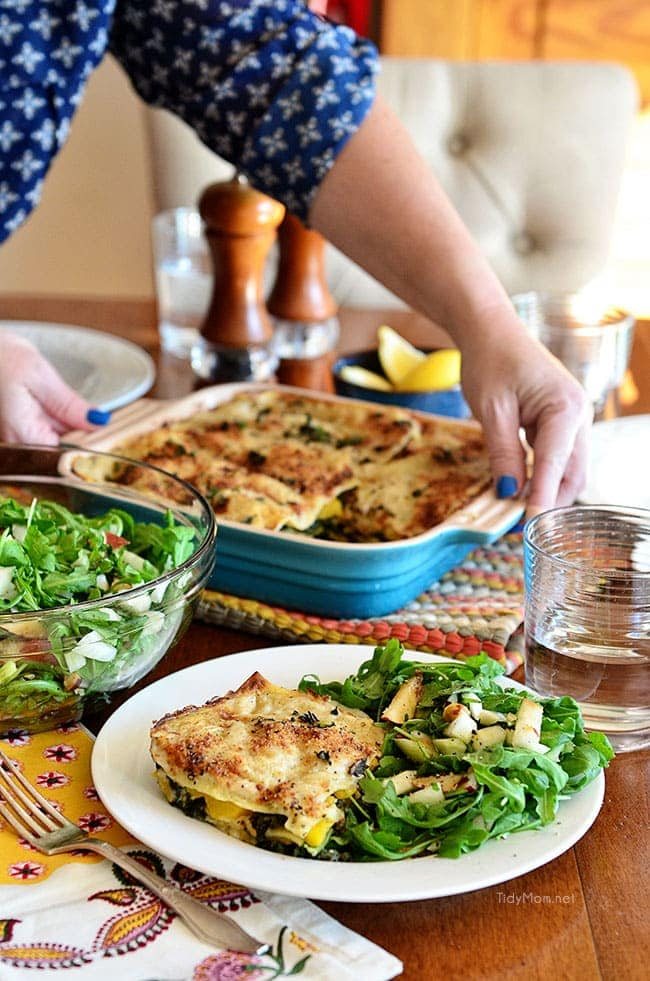 Kale & Butternut Squash Lasagna with Arugula, Pear & Hazelnut Salad and lemon dressing - Fresh ingredients delivered with recipe from Blue Apron. White Vegetable Lasagna recipe at cetcu.com