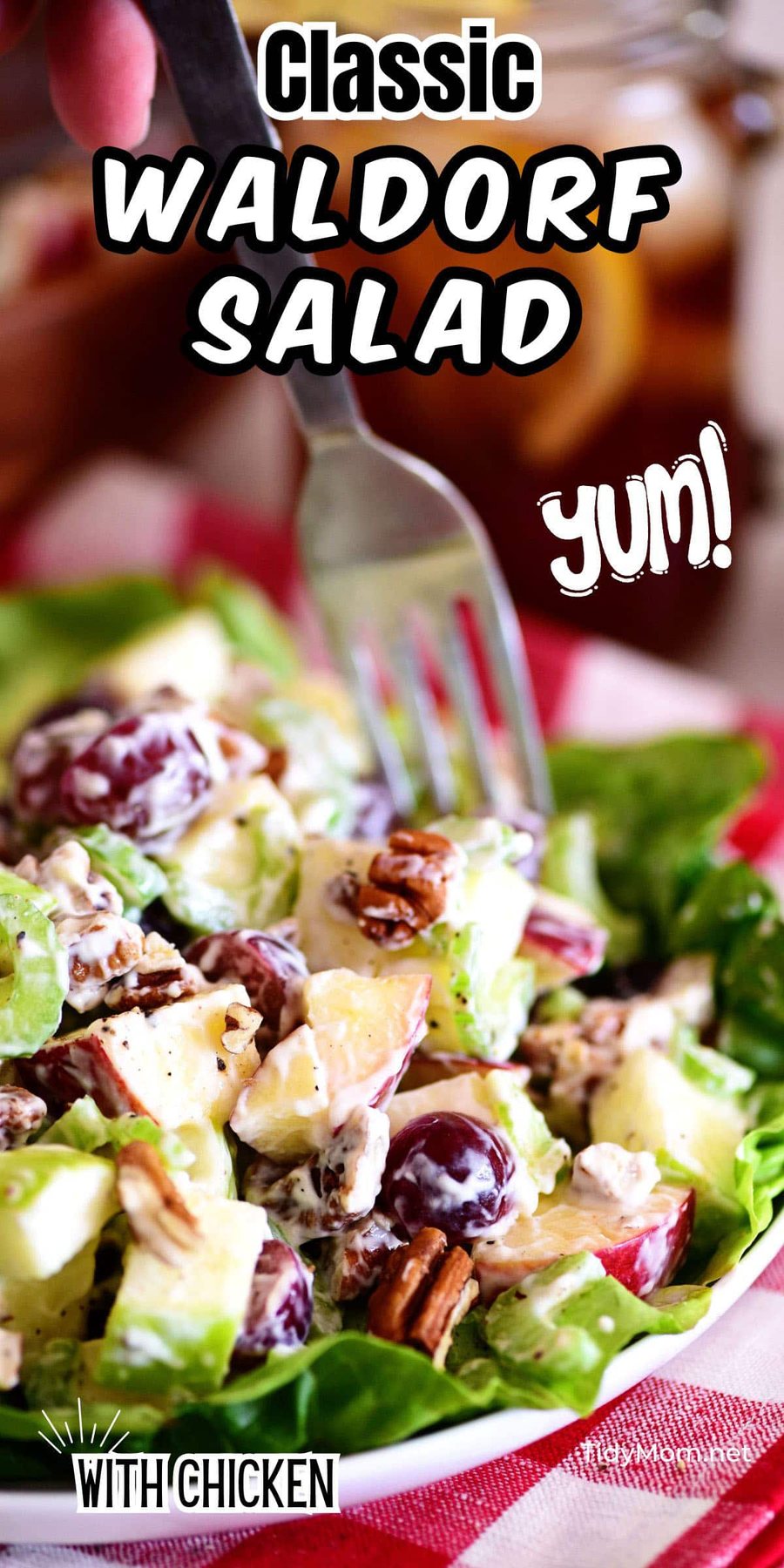 Waldorf salad on a plate with a fork