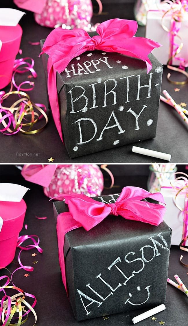 Such a fun inexpensive idea for gifting!! DIY Chalkboard Gift Wrap with Scotch Brand Wrapping Tape and cetcu.com