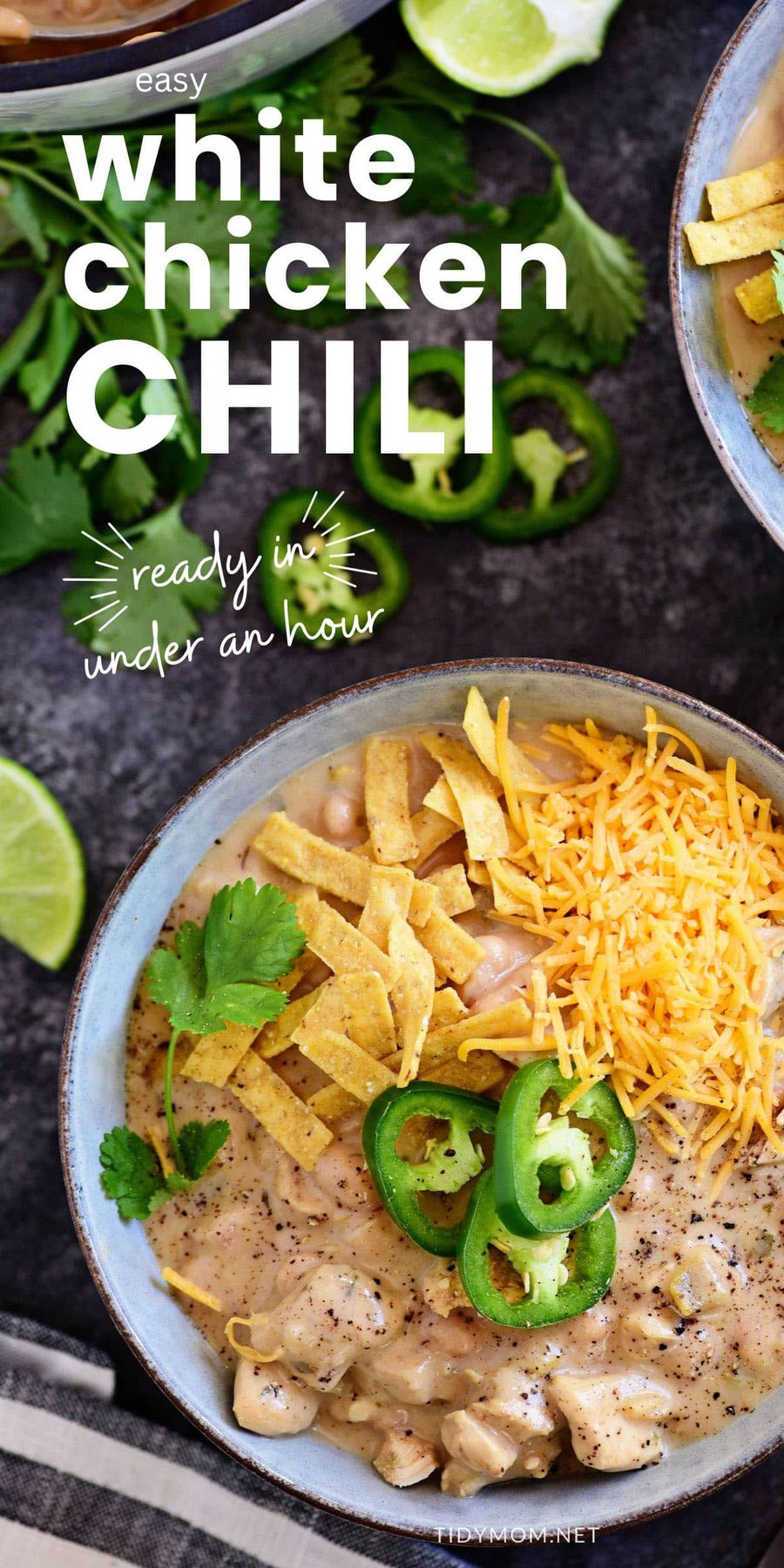 white chili in a bowl with cheese and jalapenos on a dark background