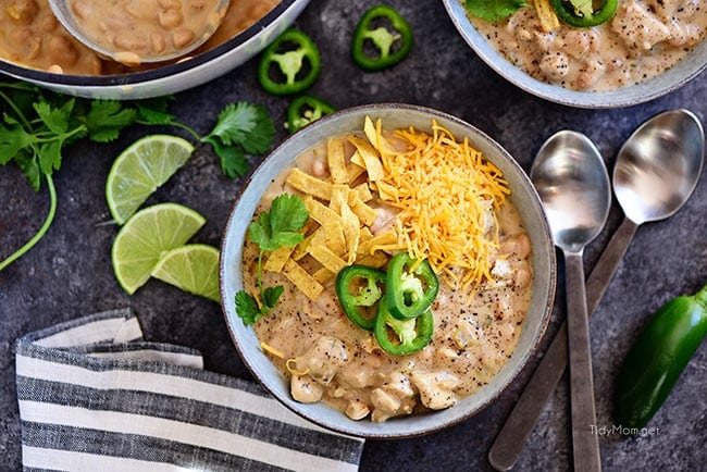 White Bean Chicken Chili: This family favorite white chili recipe is made with white chili beans, chicken, peppers, and lots of spices. It’s a hearty one pot meal that you can have on the table in under an hour, and it’s even better the next day!