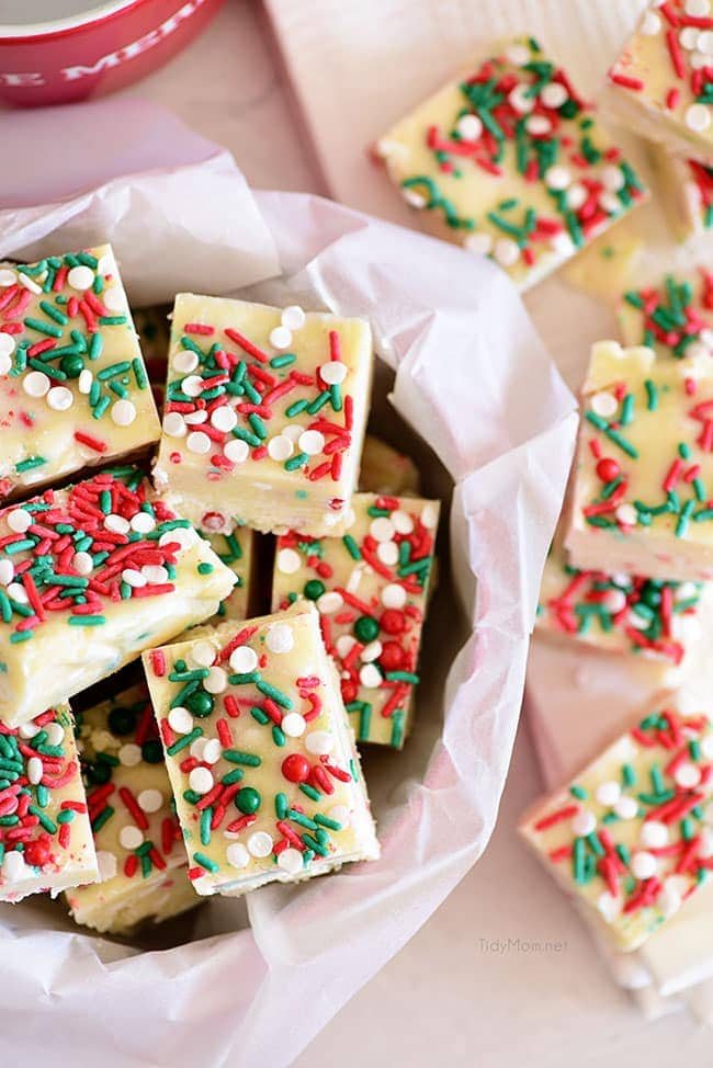White Chocolate Christmas Fudge in a Christmas tin