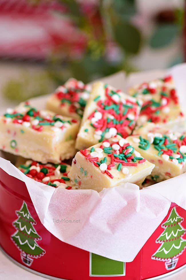 White Chocolate Christmas Fudge in a holiday tin
