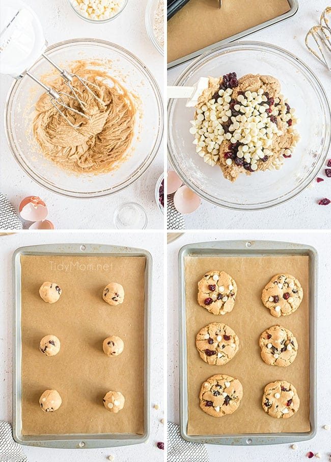 photo collage of how to make white chocolate cranberry cookies