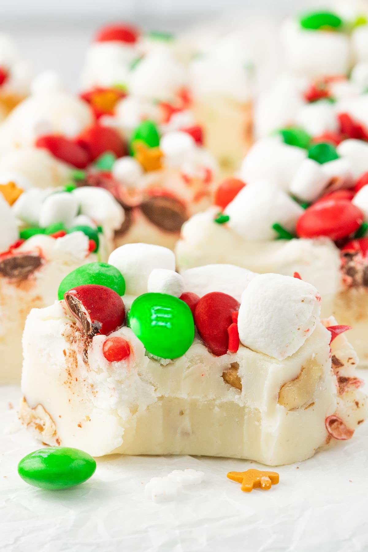 white rocky road fudge with a bite missing