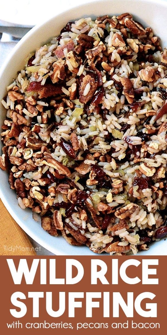 wild rice stuffing with cranberries in a bowl