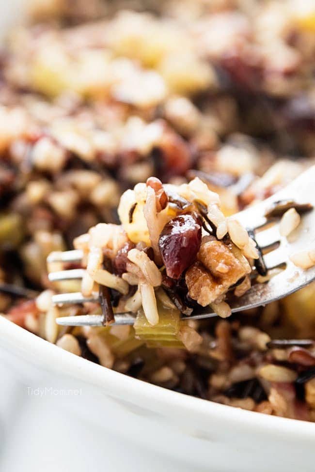 wild rice stuffing on a fork