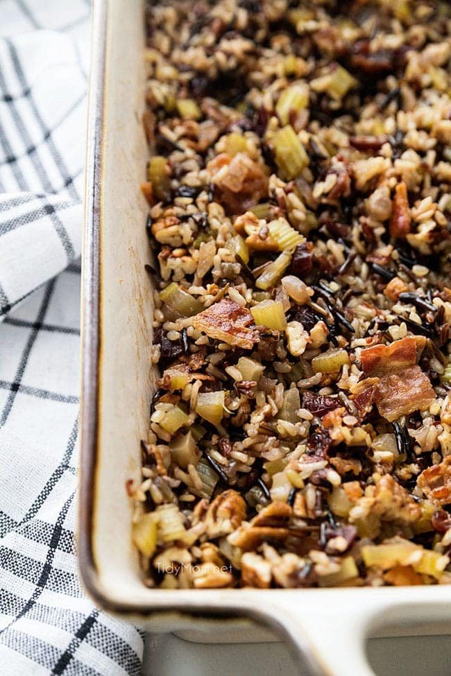 gluten-free wild rice stuffing in baking dish