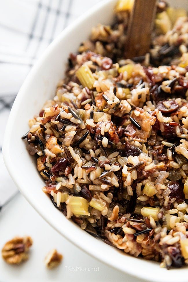 wild rice stuffing in a serving bowl