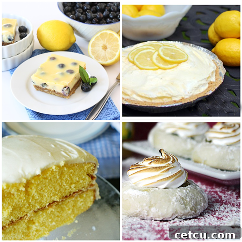 A collection of lemon-themed baked goods arranged artfully, emphasizing variety and deliciousness of lemon recipes.