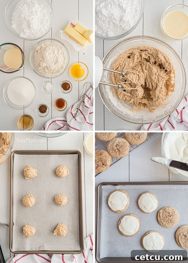 A photo collage showing the step-by-step process of making eggnog cookies, from mixing ingredients to placing dough on a baking sheet.