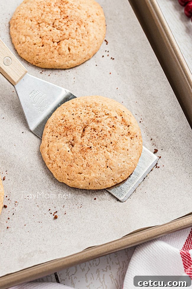 A freshly baked eggnog cookie being lifted off a baking sheet with a spatula, steam gently rising.