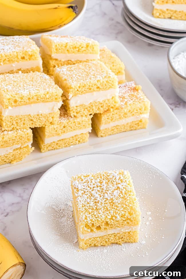 Old Fashioned Banana Flips snack cakes, a close-up showing the fluffy banana cream filling between moist cake layers
