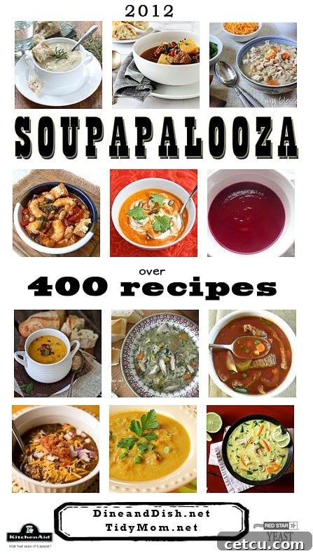 SoupaPalooza 2012 features graphic showing over 400 soup recipes linked by Tidymom.net & DineandDish.net