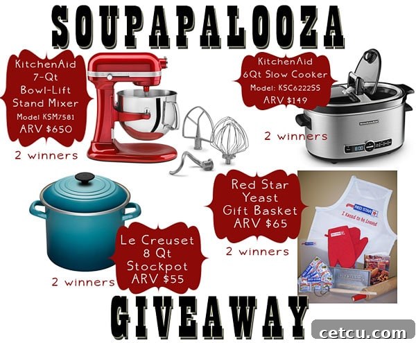 SoupaPalooza giveaway prizes featuring KitchenAid mixer, slow cooker, Le Creuset stockpot, and Red Star Yeast gift basket