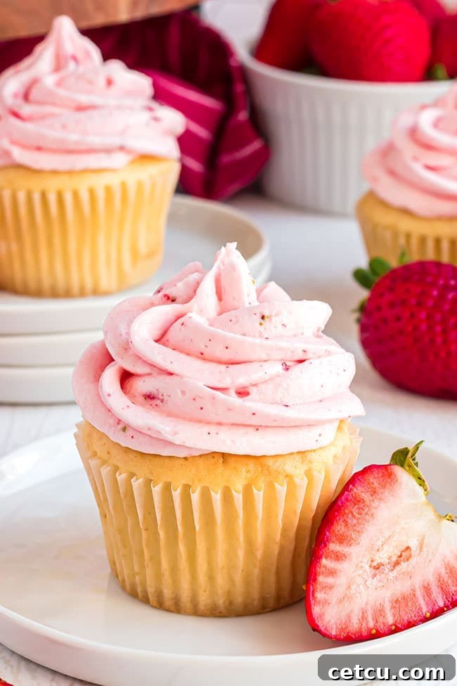 vanilla cupcakes with cake mix and fresh strawberry buttercream
