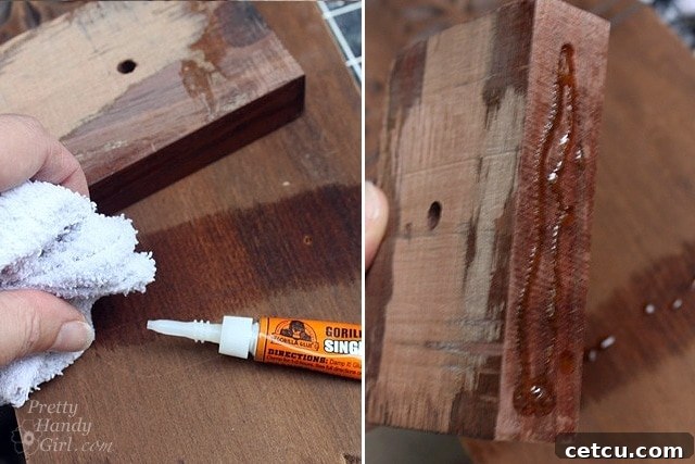 Applying Gorilla Glue to the wood shelf for attachment