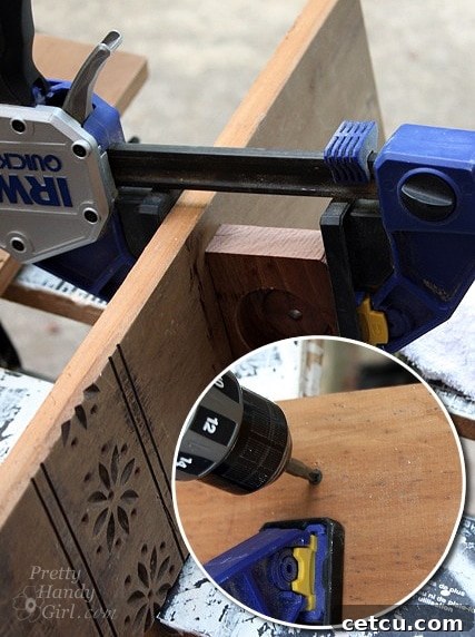 Clamping and screwing the shelf to the reclaimed wood back panel