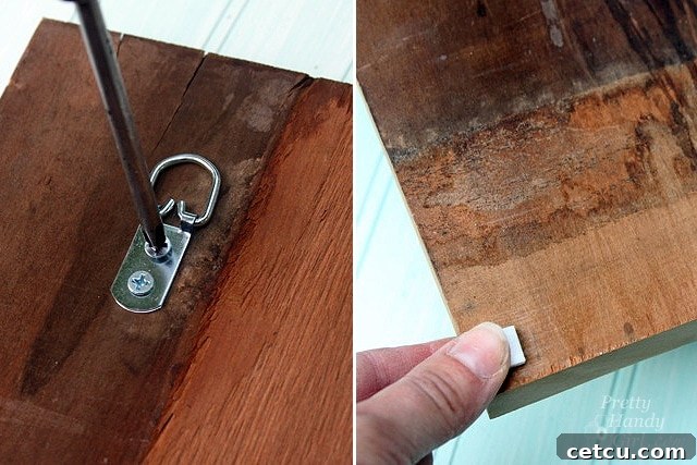 Attaching the D-hook and rubber bumpers to the back of the wood sconce
