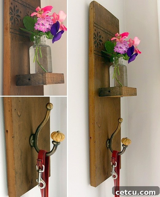 Completed DIY reclaimed wood sconce with bottle vase and hook