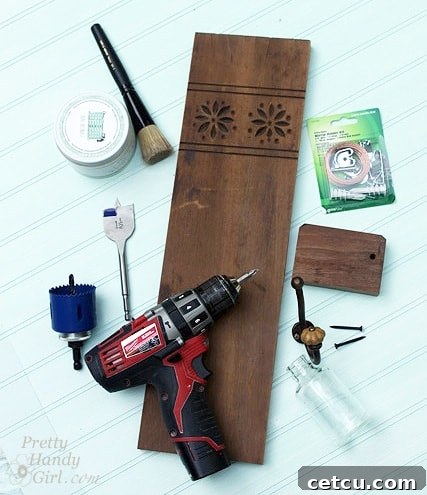 Materials laid out for the DIY Reclaimed Wood Sconce project