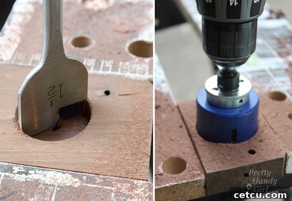 Drilling the bottle hole into the small wooden shelf