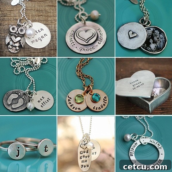 A collage displaying various hand-stamped jewelry pieces from The Vintage Pearl, including necklaces and bracelets with personalized engravings, highlighting exquisite craftsmanship.