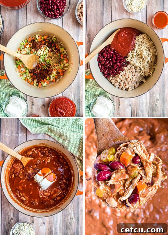 A photo collage illustrating the various stages of making Buffalo Chicken Chili, from sautéing vegetables to simmering the final dish.