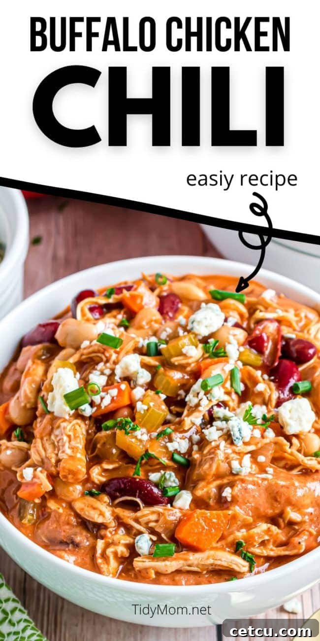 A vibrant bowl of Buffalo Chicken Chili, showcasing its rich texture and enticing colors, ready for a hearty meal.