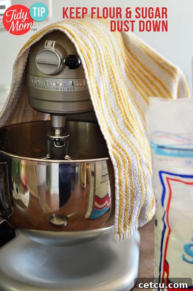 Tidy Kitchen Tip: Learn how to keep flour and powdered sugar from going all over your kitchen when using your electric mixer at TidyMom.net