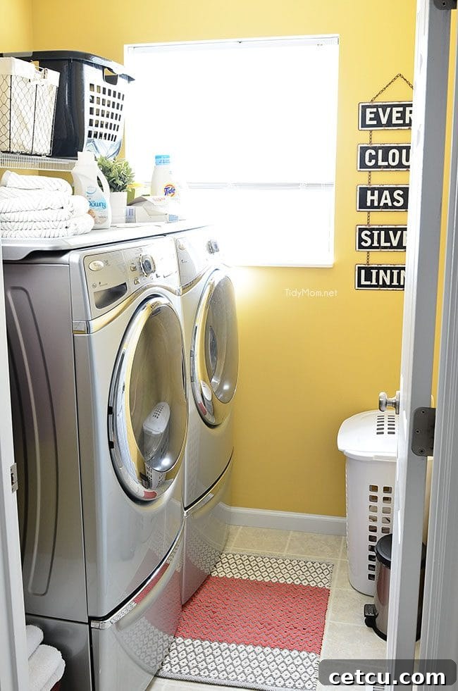 A bright and organized yellow laundry room, symbolizing clean and fresh living spaces.