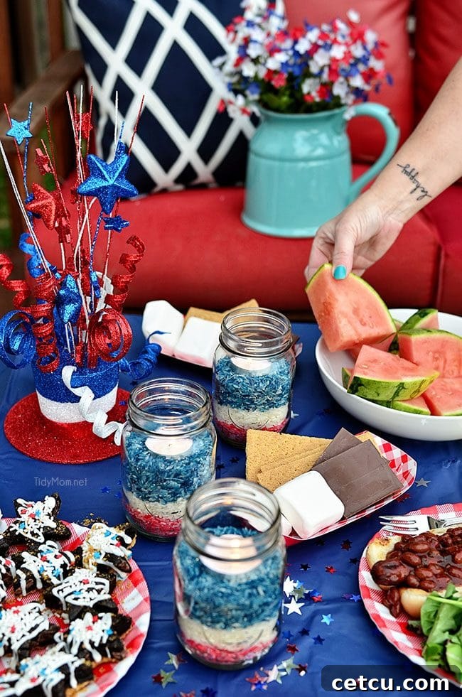 Patriotic Colored Rice Jar Candle ceterpiece at TidyMom.net