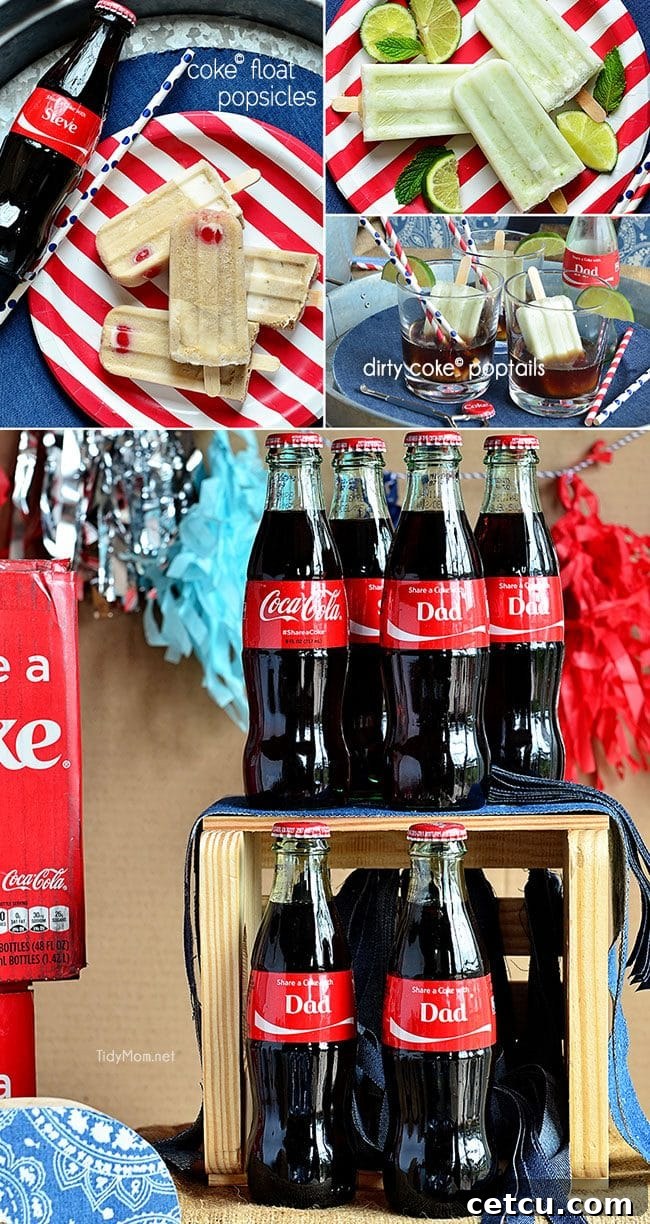 Coke Float Popsicles made two ways: traditional Coke Float popsicle with Coke, vanilla ice cream and a cherry, and Dirty Coke Poptails, a coconut and lime popsicle served in a glass with ice cold coke. Perfect for sharing a Coke and enjoying summer.