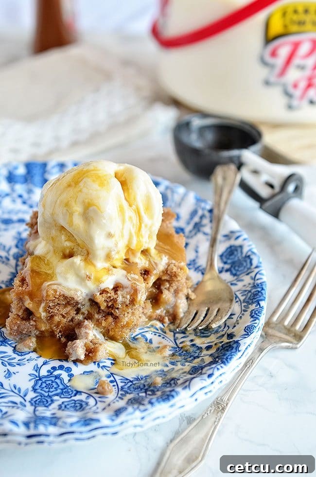 Cinnamon Roll Poke Cake is dangerously easy and tastes just like the gooey center of a cinnamon roll! This recipe starts with a spice cake mix and can of soda,comined with sweetened condensed milk, topped with vanilla ice cream and caramel sauce and you end up with the most delectable cake that ever lived! at TidyMom.net