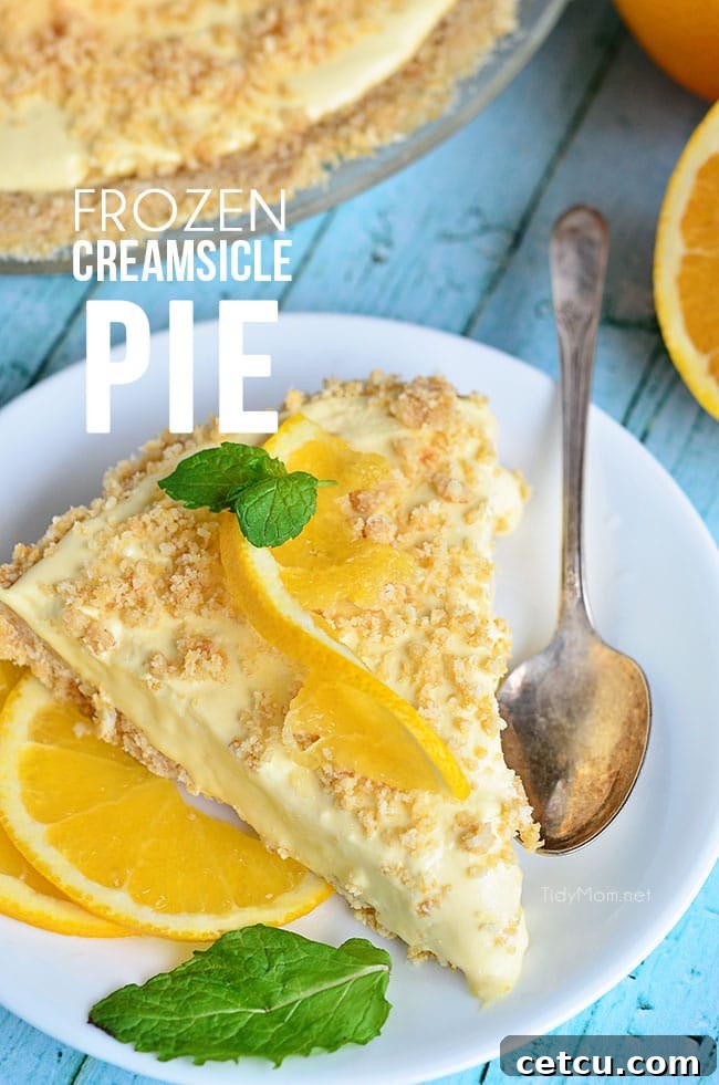A beautifully presented Frozen Creamsicle Pie, showcasing its golden, buttery crust and a swirl of creamy orange and white filling. Perfect for summer gatherings.